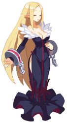 Rule 34 | 1girl, bare shoulders, black dress, blonde hair, breasts, cuffs, disgaea, dress, closed eyes, full body, fur trim, handcuffs, harada takehito, healer (disgaea), long hair, medium breasts, official art, open mouth, pointy ears, side slit, solo, standing