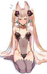 Rule 34 | 10s, 1girl, animal ears, blonde hair, breasts, breasts apart, cape, commentary request, covered navel, erune, gorget, granblue fantasy, grey thighhighs, long hair, maebari, medium breasts, metera (granblue fantasy), mole, mole under mouth, natsuhiko, navel, see-through, sidelocks, simple background, sitting, solo, thighhighs, twintails, two side up, wariza, white background