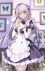 Rule 34 | 1girl, apron, ascot, banned artist, black ascot, black dress, blue eyes, blush, breasts, bug, butterfly, choker, cleavage, collarbone, commentary, contrapposto, cowboy shot, dress, frilled apron, frilled choker, frilled dress, frills, grey hair, hands up, highres, icomochi, insect, long hair, looking at viewer, low neckline, maid, maid apron, maid headdress, medium breasts, original, sidelocks, smile, solo, standing, thighs, very long hair, white apron, wrist cuffs