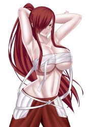 Rule 34 | 1girl, armpits, arms behind head, arms up, bandages, breasts, brown eyes, cleavage, erza scarlet, fairy tail, hair between eyes, highres, large breasts, long hair, navel, ponytail, red hair, simple background, solo, white background