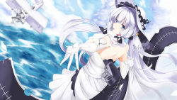 Rule 34 | 1girl, aircraft, airplane, arashiki mamizu, azur lane, backless dress, backless outfit, blue eyes, breasts, dress, gloves, hat, highres, illustrious (azur lane), large breasts, long hair, looking at viewer, looking back, mole, mole under eye, ocean, ribbon, sideboob, solo, white dress, white gloves, white hair, white hat