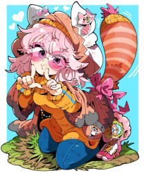 1girl blue_background blush bow brown_hat closed_mouth fingers_to_cheeks glasses hat kafun kneeling looking_at_viewer orange_shirt original pants pink-tinted_eyewear pink_bow pink_hair purple_eyes shirt shoes tagme tail tinted_eyewear turtleneck