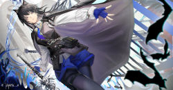 Rule 34 | 1girl, absurdres, animal ears, arknights, bat (animal), black cape, black hair, black pantyhose, black vest, blue gloves, blue necktie, cape, chouchouhei, collared shirt, commentary, fingerless gloves, from below, gloves, highres, holding, holding sword, holding weapon, long hair, necktie, pantyhose, pantyhose under shorts, parted lips, shirt, shorts, solo, sword, texas (arknights), texas the omertosa (arknights), twitter username, vest, weapon, white shirt, wolf ears, wolf girl, yellow eyes