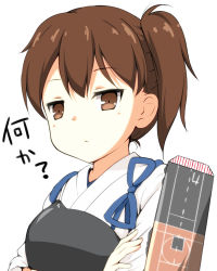 Rule 34 | 10s, 1girl, armor, brown eyes, brown hair, crossed arms, japanese clothes, kaga (kancolle), kantai collection, muneate, personification, ponytail, side ponytail, solo, suke (momijigari), translated