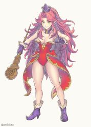 Rule 34 | 1girl, angela (seiken densetsu 3), bare shoulders, breasts, cleavage, commentary, earrings, english commentary, full body, gloves, gofelem, green eyes, hat, high heels, highres, holding, holding staff, jewelry, leotard, long hair, looking at viewer, medium breasts, pointy ears, purple hair, red leotard, seiken densetsu, seiken densetsu 3, smile, solo, staff, thighs, very long hair