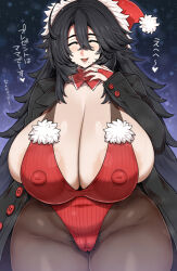 Rule 34 | 1girl, black coat, black hair, black pantyhose, blush, breasts, bursting breasts, cameltoe, christmas, cleavage, cleft of venus, closed eyes, coat, curvy, detached collar, facing viewer, female focus, fingerless gloves, gloves, hair between eyes, hat, highleg, highleg leotard, highres, huge breasts, japanese text, kurokagami ranko, leotard, long hair, lower teeth only, mole, mole under mouth, navel, night, nipple slip, nipples, open mouth, original, otogi tetsurou, pantyhose, plump, red leotard, santa hat, shiny clothes, shiny skin, sideboob, skindentation, smile, solo, spiked hair, standing, taut leotard, teeth, thick thighs, thighs, translation request, wide hips