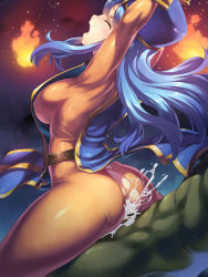 Rule 34 | 1girl, ass, bent over, blue hair, blush, bodysuit, breasts, chunsoft, clothed sex, colored skin, cum, cum in pussy, dragon quest, dragon quest iii, enix, closed eyes, fire, green skin, hat, highres, long hair, monster, open mouth, priest (dq3), red eyes, sex, sideboob, torn clothes, uchiu kazuma, vaginal