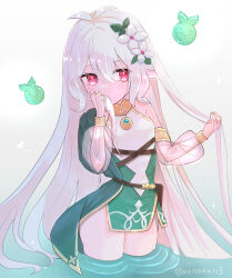 Rule 34 | alternate hair length, alternate hairstyle, arisaka luna, detached sleeves, dress, flower, green dress, hair flower, hair ornament, highres, kokkoro (princess connect!), long hair, partially submerged, pink eyes, pointy ears, princess connect!, see-through, see-through sleeves, very long hair, white hair