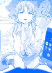 Rule 34 | 1girl, 2boys, airpods, blue theme, blush, breasts, brother and sister, calendar (medium), cellphone, cleavage, clenched teeth, comic, commentary, earphones, empty eyes, finger to mouth, flying sweatdrops, getsuyoubi no tawawa, gimai-chan (tawawa), glasses, highres, himura kiseki, incest, large breasts, monochrome, multiple boys, no bra, open mouth, phone, rabbit, short shorts, short twintails, shorts, siblings, silent comic, sitting, smartphone, sweat, nervous sweating, teeth, translated, twintails, unbuttoned, unbuttoned shirt, wireless earphones