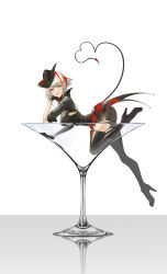 Rule 34 | 1girl, absurdres, arknights, black gloves, black headwear, black pantyhose, boots, breasts, cocktail glass, cup, demon girl, demon horns, demon tail, drinking glass, elbow gloves, gloves, grey hair, hat, high heels, highres, horns, large breasts, looking at viewer, official alternate costume, pantyhose, short hair, simple background, smile, solo, tail, thigh boots, torn clothes, torn pantyhose, w (arknights), w (wanted) (arknights), white background, yellow eyes, yitiaoyuwe