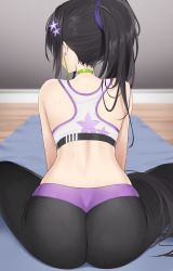 Rule 34 | 1girl, absurdres, ass, ass focus, back, black hair, black pants, blue archive, choker, highres, long hair, pants, pantylines, ponytail, shengtian, sitting, solo, sports bra, sumire (blue archive), thighs, tight clothes, tight pants, very long hair, yoga pants
