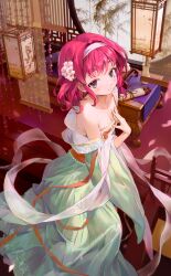 Rule 34 | 1girl, absurdres, bare shoulders, blush, breasts, cherry blossoms, chinese clothes, cleavage, corette, dress, flower, green dress, grey eyes, hagoromo, hair flower, hair ornament, hairband, highres, indoors, lantern, looking at viewer, original, paper lantern, pink flower, pink hair, scroll, shawl, small breasts, smile, solo, spring (season)