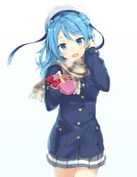 Rule 34 | 10s, 1girl, :d, aito (indigorabbit), alternate costume, beret, blue eyes, blue hair, blush, bow, box, breath, buttons, coat, cowboy shot, double bun, hair bun, hand up, hat, heart-shaped box, highres, holding, holding box, incoming gift, kantai collection, long hair, long sleeves, looking at viewer, open mouth, pleated skirt, pocket, red bow, sailor hat, scarf, skirt, smile, solo, tucking hair, urakaze (kancolle), valentine, white background, white hat