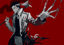 Rule 34 | 1boy, achyue, axe, bandages, bandaged head, bandages, black hair, blood, cigarette, coat, holding, holding cigarette, holding weapon, long sleeves, looking at viewer, male focus, manly, one-punch man, open hand, red background, red eyes, short hair, smoke, solo, weapon, zombieman
