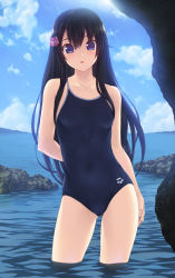 Rule 34 | 1girl, arena (company), bare shoulders, black hair, blue eyes, blue one-piece swimsuit, character request, collarbone, competition swimsuit, covered erect nipples, flat chest, hair ornament, highres, logo, long hair, looking at viewer, one-piece swimsuit, open mouth, original, partially submerged, rock, solo, swimsuit, wacchi, wading, water