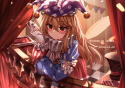 Rule 34 | 1girl, absurdres, artist name, blonde hair, blue dress, blush, card, closed mouth, clownpiece, dated, dress, fairy, fairy wings, frilled sleeves, frills, hair between eyes, hat, highres, holding, holding card, jester cap, long hair, long sleeves, polka dot, polka dot headwear, purple hat, red dress, red eyes, smile, solo, star (symbol), top-exerou, touhou, wings