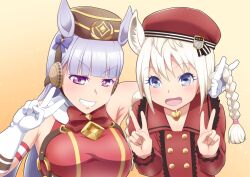 Rule 34 | 2girls, animal ear fluff, animal ears, arm around neck, arm up, armpits, blonde hair, blue eyes, blunt bangs, bow, bowtie, braid, commentary request, crossover, double v, ear bow, ear covers, eyelashes, gold ship (umamusume), gradient background, grin, hair lift, hand up, hands up, hat, highres, holding, holding another&#039;s hair, horizontal pupils, horse ears, kemono friends, long hair, long sleeves, looking at viewer, low-tied long hair, multiple girls, official alternate costume, open mouth, parted bangs, pillbox hat, pink eyes, purple hair, sailor collar, sailor shirt, sasuke10g, shirt, side-by-side, sleeveless, smile, species connection, twin braids, umamusume, upper body, v, v-shaped eyebrows, very long hair, white thoroughbred (kemono friends)