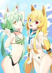 Rule 34 | 2girls, :p, absurdres, animal ear fluff, animal ears, art556 (girls&#039; frontline), blonde hair, g41 (girls&#039; frontline), girls&#039; frontline, green hair, heterochromia, highres, long hair, looking at viewer, multiple girls, one eye closed, swimsuit, tail, tongue, tongue out, yellow eyes