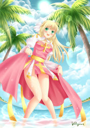 Rule 34 | 1girl, :d, alternate color, arch bishop (ragnarok online), beach, blonde hair, clothes lift, coconut tree, day, fisheye, green eyes, hair ornament, in water, long hair, looking at viewer, ocean, open mouth, outdoors, palm tree, ragnarok online, skirt, skirt lift, smile, solo, standing, tree, villyane, wading