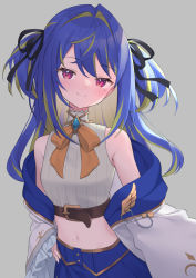 Rule 34 | 1girl, ariel23795, baggy clothes, bare shoulders, belt, blue hair, blush, bow, brooch, chain, green hair, grey background, hair ribbon, hiyoku no crosspiece, jacket, jewelry, long hair, mole, mole on body, mole under eye, multicolored hair, nanashi inc., navel, off shoulder, pale skin, purple eyes, ribbon, skirt, smile, solo, suzumi nemo, two-tone hair, two side up, virtual youtuber, wing ornament
