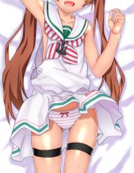 Rule 34 | 10s, 1girl, blush, bow, bow panties, brown hair, dakimakura (medium), dark-skinned female, dark skin, dress, fang, female focus, head out of frame, kantai collection, libeccio (kancolle), long hair, lying, okina ika, on back, open mouth, out of frame, panties, sailor dress, sleeveless, smile, solo, striped clothes, striped panties, twintails, underwear