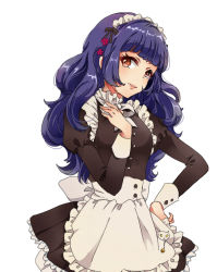 Rule 34 | 1girl, alternate costume, apron, blush, brown eyes, enmaided, flower, hair flower, hair ornament, hand on own hip, long hair, looking at viewer, maid, maid apron, maid headdress, masaki (celesta), ootori chacha, open mouth, purple hair, simple background, smile, solo, tokyo 7th sisters, wavy hair