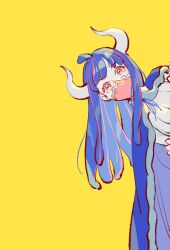 Rule 34 | 1girl, ahoge, blue cape, blue hair, cape, covered mouth, curled horns, dinosaur girl, horns, jewelry, long hair, looking at viewer, mask, mouth mask, multicolored hair, necklace, one piece, pink eyes, pink hair, pink mask, raine (acke2445), shirt, simple background, solo, streaked hair, ulti (one piece), white shirt, yellow background