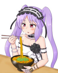 Rule 34 | 1girl, bare shoulders, black ribbon, blush, bowl, bracelet, choker, collarbone, dress, eating, fate/hollow ataraxia, fate (series), food, frozenpile, hairband, jewelry, lolita hairband, long hair, necklace, noodles, open mouth, pearl necklace, purple eyes, purple hair, ribbon, ring, solo, stheno (fate), strapless, strapless dress, twintails, udon, white background