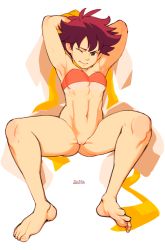 Rule 34 | 1girl, abs, armpits, arms behind head, arms up, bad id, bad tumblr id, barefoot, black hair, bottomless, bra, breasts, brekkist, choker, cleft of venus, feet, highres, invisible chair, makoto (street fighter), messy hair, navel, one eye closed, pussy, red bra, ribbon choker, scarf, short hair, simple background, sitting, small breasts, soles, solo, sports bra, spread legs, squatting, stomach, strapless, strapless bra, street fighter, toes, tomboy, toned, uncensored, underwear