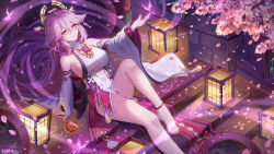 Rule 34 | 1girl, absurdres, animal ears, anklet, arm support, bare legs, barefoot, bead anklet, breasts, cherry blossoms, crystalfly (genshin impact), dahe zhuang (yishi fanhua), detached sleeves, earrings, falling petals, feet, fox ears, genshin impact, hair between eyes, hair ornament, highres, jewelry, lantern, large breasts, legs, long hair, looking up, nail polish, obi, outdoors, parted lips, pendant, petals, pink hair, pink nails, purple eyes, sash, shirt, sitting, sleeveless, sleeveless shirt, smile, solo, stairs, thighs, toes, vision (genshin impact), white shirt, wide sleeves, yae miko