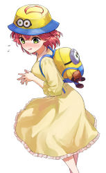 Rule 34 | 1girl, ahoge, backpack, bag, blush, breasts, character backpack, character hat, despicable me, dress, feet out of frame, flying sweatdrops, frilled dress, frilled sleeves, frills, green eyes, hair through headwear, hat, highres, hololive, long sleeves, looking to the side, medium breasts, minion (despicable me), own hands together, parted lips, red hair, sakura miko, short hair, simple background, solo, virtual youtuber, white background, yellow dress, yellow hat, yuu201023