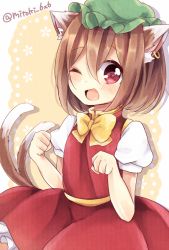 Rule 34 | 1girl, ;), ;d, animal ears, bow, brown hair, cat ears, cat tail, chen, dress, earrings, green hat, hat, jewelry, mitoki 6x6, mob cap, multiple tails, nekomata, one eye closed, open mouth, red dress, short hair, short sleeves, simple background, single earring, smile, solo, tail, touhou, twitter username, two tails, yellow bow