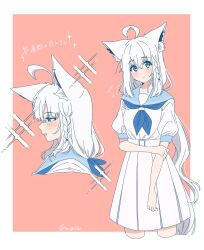 Rule 34 | 1girl, ahoge, alternate costume, animal ear fluff, animal ears, aqua eyes, belt, blue neckerchief, blue sailor collar, braid, cowboy shot, crossed bangs, double-parted bangs, dress, ear ornament, earrings, extra ears, fox ears, fox girl, fox tail, from side, highres, hololive, jewelry, long hair, looking at viewer, low-tied long hair, mugicha 61, multiple views, neckerchief, pleated skirt, puffy short sleeves, puffy sleeves, sailor collar, sailor dress, shirakami fubuki, short sleeves, side braid, sidelocks, signature, simple background, single braid, single earring, skirt, solo, tail, two-tone background, virtual youtuber, white belt, white hair, white skirt, white tail