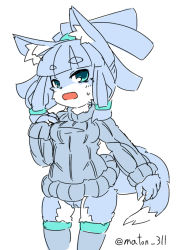 Rule 34 | 1girl, animal ears, blue hair, eyebrows, fox ears, fox tail, furry, furry female, kedamaton, kogetsu tooka, open mouth, original, ribbed sweater, simple background, solo, sweater, tail, thighhighs, white background
