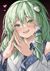 Rule 34 | 1girl, absurdres, blush, detached sleeves, fingernails, frog hair ornament, green eyes, green hair, green nails, hair ornament, heart, highres, kochiya sanae, looking ahead, mahoro (minase mahoro), nail polish, own hands together, smile, snake hair ornament, solo, sweatdrop, teeth, touhou, upper body, upper teeth only