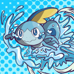 Rule 34 | absurdres, blue background, closed mouth, commentary, creatures (company), crying, crying with eyes open, english commentary, game freak, gen 8 pokemon, harlequinwaffles, highres, nintendo, no humans, pokemon, pokemon (creature), polka dot, polka dot background, signature, sobble, solo, tears, water, wavy mouth