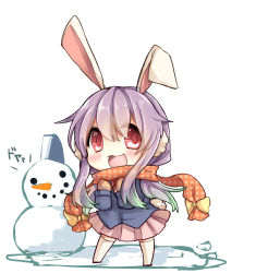 Rule 34 | 1girl, :3, :d, animal ears, blush, bow, chibi, earmuffs, extra ears, female focus, hat, jacket, long hair, looking at viewer, mittens, open mouth, pleated skirt, purple hair, rabbit ears, rabbit girl, rabbit tail, red eyes, reisen udongein inaba, ribbon, scarf, shirt, simple background, skirt, smile, snow, snowman, solo, tail, thighhighs, touhou, white background, white thighhighs, winter, winter clothes, yuya (night lily)