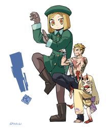 Rule 34 | !, 1boy, 2girls, arms up, bandages, belt, beowulf (fate), beret, blonde hair, boots, coat, commentary, cuffs, fate/grand order, fate (series), giant, giantess, gloves, green coat, hat, height difference, horns, ibaraki douji (fate), japanese clothes, kimono, long hair, looking at another, looking to the side, mado (mukade tou), multiple girls, oni horns, pantyhose, paul bunyan (fate), scar, shackles, short hair, standing, standing on one leg, tattoo, twitter username, white background, yellow eyes, yotsubato!, yotsubato! pose