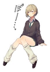 Rule 34 | 1girl, black footwear, blush, brown hair, cardigan, collared shirt, detached pants, earrings, full body, green necktie, green skirt, grey eyes, invisible chair, jewelry, long sleeves, necktie, original, oshioshio, parted lips, pleated skirt, shirt, shoes, short hair, simple background, sitting, skirt, solo, white background, white shirt