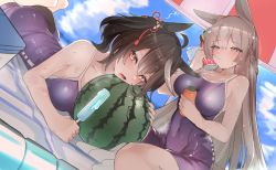 Rule 34 | 2girls, ahoge, arisakak (valshun1225), black hair, blue one-piece swimsuit, bottle, bow, clothing cutout, coca-cola, commentary request, competition school swimsuit, cooler, ear ornament, food, fruit, hair between eyes, hair bow, highres, holding, holding food, horse girl, horse tail, kitasan black (umamusume), light brown hair, long hair, melting, multicolored hair, multiple girls, one-piece swimsuit, orange eyes, parasol, partial commentary, popsicle, red eyes, satono diamond (umamusume), school swimsuit, short hair, silver hair, sweat, nervous sweating, swimsuit, tail, tail through clothes, two-tone hair, umamusume, umbrella, watermelon