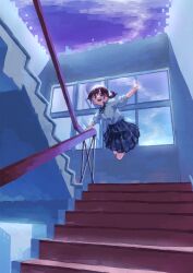 Rule 34 | 1girl, absurdres, blue skirt, brown eyes, brown hair, collared shirt, handrail, highres, nama udon, open mouth, original, plaid, plaid skirt, pleated skirt, ponytail, railing, shirt, short hair, skirt, sleeves past elbows, smile, solo, stairs, stairwell, white shirt, window