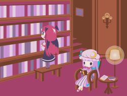 Rule 34 | 2girls, armband, bat wings, bench, black eyes, black skirt, book, bookshelf, candlestand, capelet, chair, chibi, cobalta, commentary request, crescent, crescent pin, dress, full body, hair ribbon, hat, head wings, holding, holding book, koakuma, lamp, light smile, long hair, looking up, mob cap, multiple girls, no nose, open book, patchouli knowledge, purple capelet, purple dress, purple hair, reading, red hair, ribbon, sidelocks, skirt, stairs, standing, striped clothes, striped dress, table, touhou, tress ribbon, vertical-striped clothes, vertical-striped dress, very long hair, wings