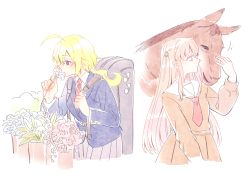Rule 34 | 2girls, absurdres, ahoge, amano soraha, animal, assault lily, backpack, bag, blazer, blonde hair, blue flower, blue jacket, bright pupils, brown shirt, brown skirt, bush, buttoned cuffs, buttons, closed mouth, cowboy shot, cropped legs, diagonal-striped clothes, diagonal-striped necktie, egawa kusumi, flower, grey hair, grey skirt, hair between eyes, hair flower, hair ornament, hand up, hands up, highres, holding, holding flower, holding strap, horse, jacket, light smile, long hair, long sleeves, looking at animal, looking at viewer, looking to the side, low ponytail, motion lines, multiple girls, necktie, orange eyes, pink flower, pleated skirt, ponytail, profile, purple eyes, red necktie, sailor collar, shirt, sidelocks, simple background, skirt, smelling, smelling flower, sorato (astllatte), standing, striped clothes, vase, very long hair, white background, white pupils, white sailor collar