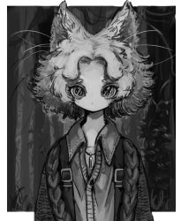 Rule 34 | 1other, androgynous, animal ears, big hair, border, closed mouth, dog tags, dot nose, greyscale, highres, jacket, looking at viewer, medium hair, monochrome, original, shima (wansyon144), solo, upper body, white border