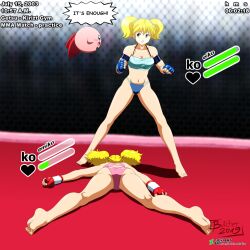 Rule 34 | 1other, 2girls, blonde hair, blue eyes, boxing, boxing gloves, boxing ring, butcherstudios, character name, eiko (butcherstudios), english text, fighting, highres, kirby, midriff, multiple girls, navel, original, short twintails, signature, speech bubble, sports bra, sportswear, twintails