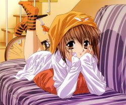 Rule 34 | 00s, arm support, bicycle, brown eyes, brown hair, couch, dress shirt, hat, highres, mamoru (sister princess), orange socks, pillow, shirt, sister princess, socks, solo, striped clothes, striped socks, striped upholstery