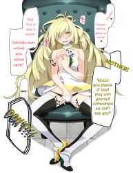 Rule 34 | 1girl, blonde hair, blush, breast hold, breasts, chair, collarbone, commentary request, creatures (company), drooling, female masturbation, game freak, green eyes, hard-translated, kohsaka jun, long hair, lusamine (pokemon), masturbation, nintendo, nipples, one breast out, pokemon, pokemon sm, sitting, solo, spread legs, third-party edit, translated, very long hair