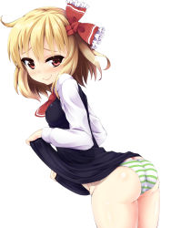 Rule 34 | 1girl, absurdres, amau (kosmos), ass, blonde hair, blush, clothes lift, hair ribbon, highres, panties, red eyes, ribbon, rumia, short hair, simple background, skirt, skirt lift, smile, solo, striped clothes, striped panties, touhou, underwear, upskirt, white background
