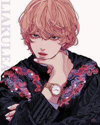 Rule 34 | 1boy, bishounen, black eyes, black sweater, cable knit, commentary request, fingernails, hair between eyes, hand on own chin, highres, jewelry, kagoya1219, lia kulea, long sleeves, looking at viewer, male focus, original, parted lips, partial commentary, pink hair, sanpaku, short hair, signature, simple background, solo, sweater, upper body, watch, white background, wristwatch