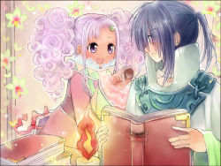 Rule 34 | 00s, 1boy, 1girl, blue hair, blush, book, candle, chocolate, dark skin, dress, flower, frills, keele zeibel, long hair, meredy (tales), open mouth, purple eyes, purple hair, short hair, tales of (series), tales of eternia, twintails